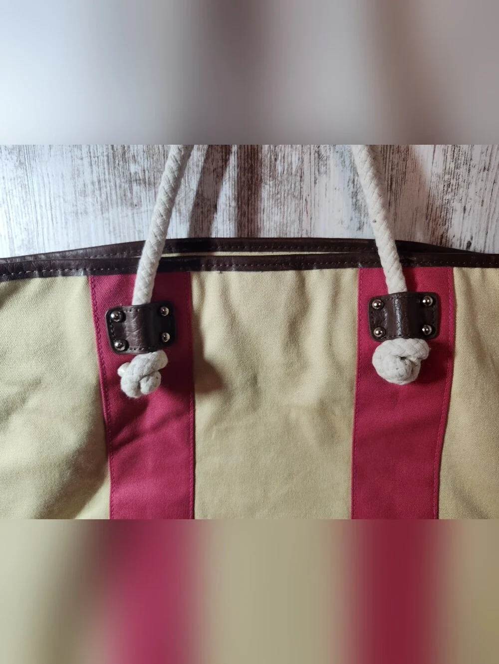 Straw Studios Cream Canvas Tote with Pink Stripes Rope Handles Nautical Vibes